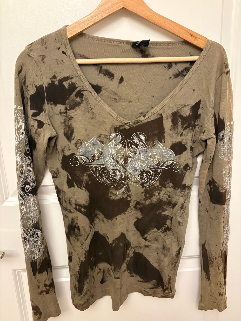 Sledge USA Y2K Olive Green Bleach Wash Long Sleeve Top S Baroque Graphic Grunge